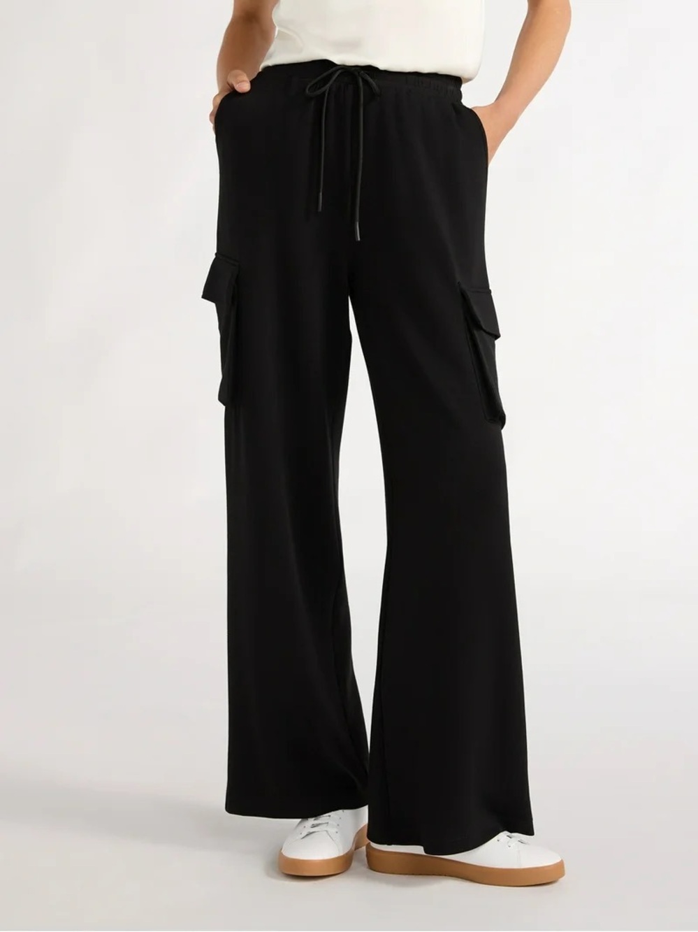 Wide-Leg Cargo Pants with Drawstring Waist - Black